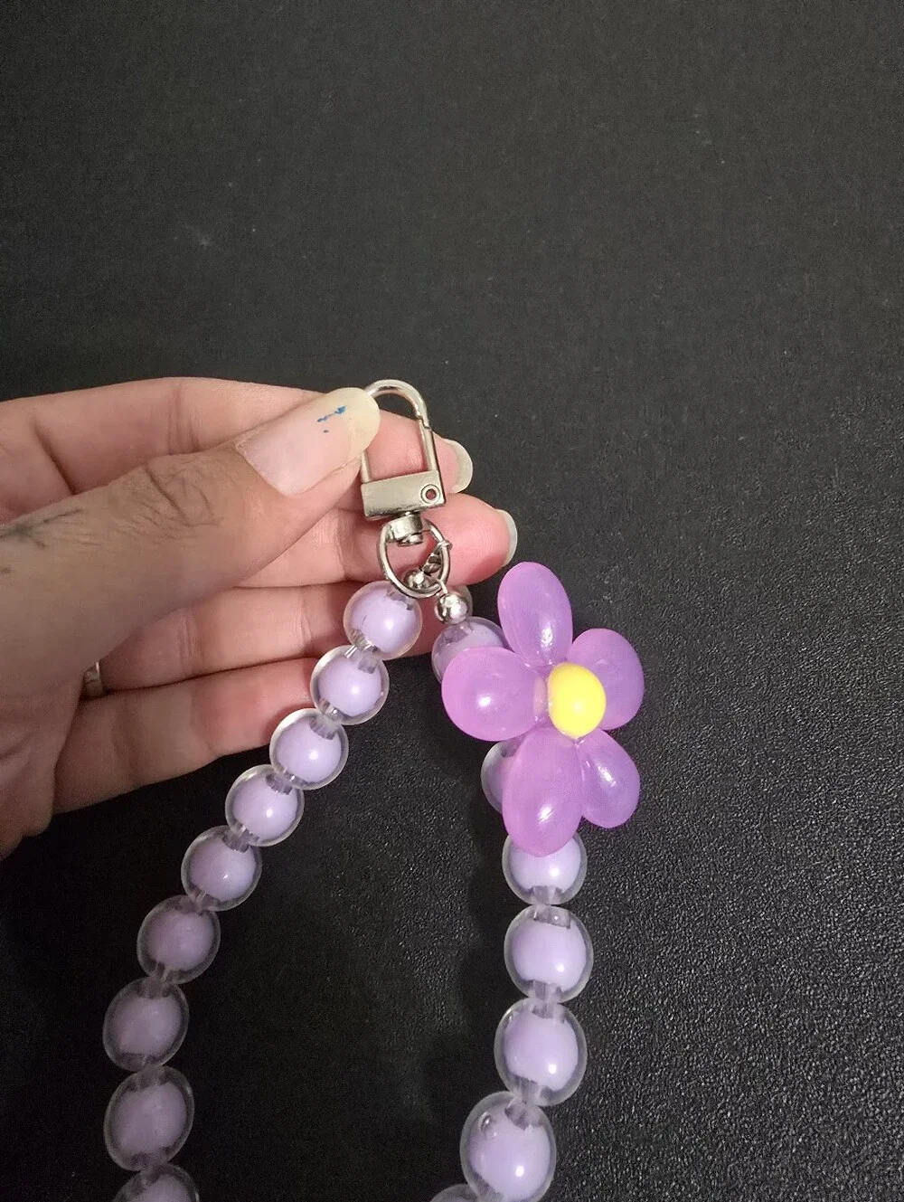 Lilac Beaded Cell Phone Charm Bracelet with Purple Flower